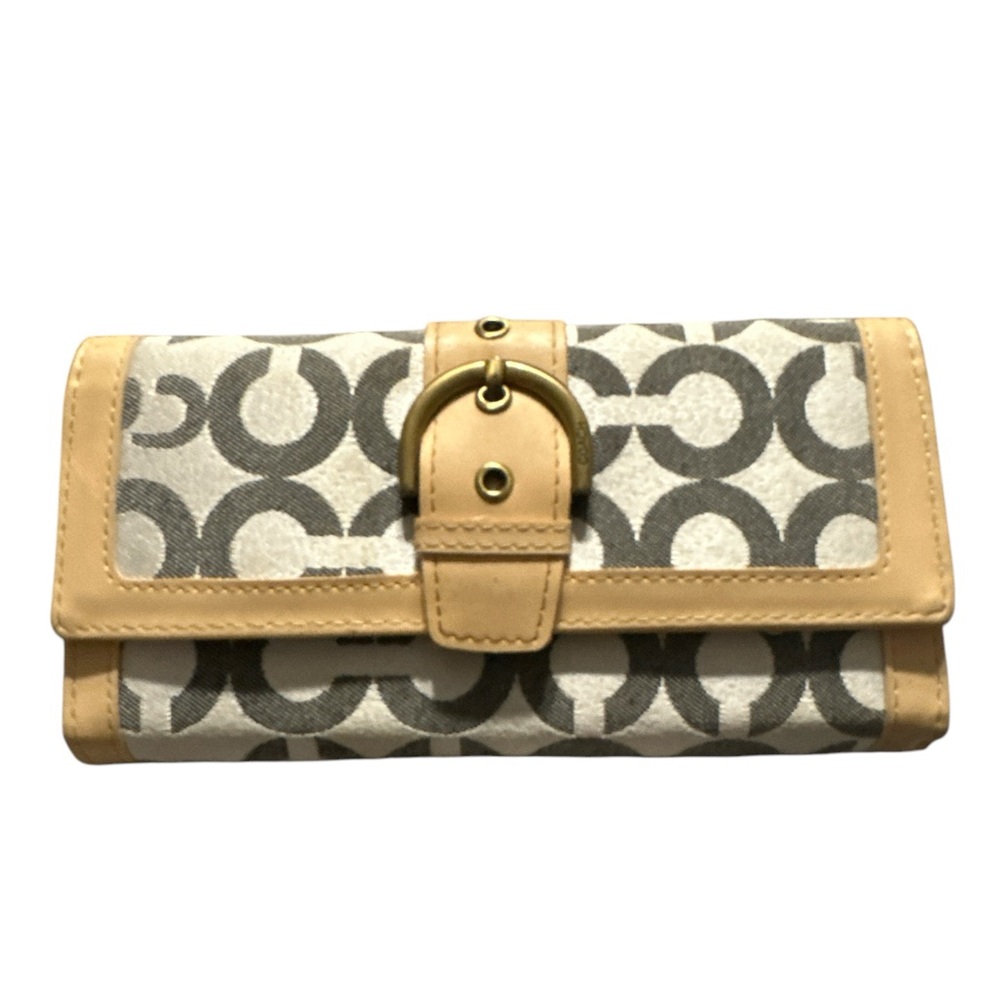 Coach signature wallet with tan leather inside and trim holds 12 cards cute